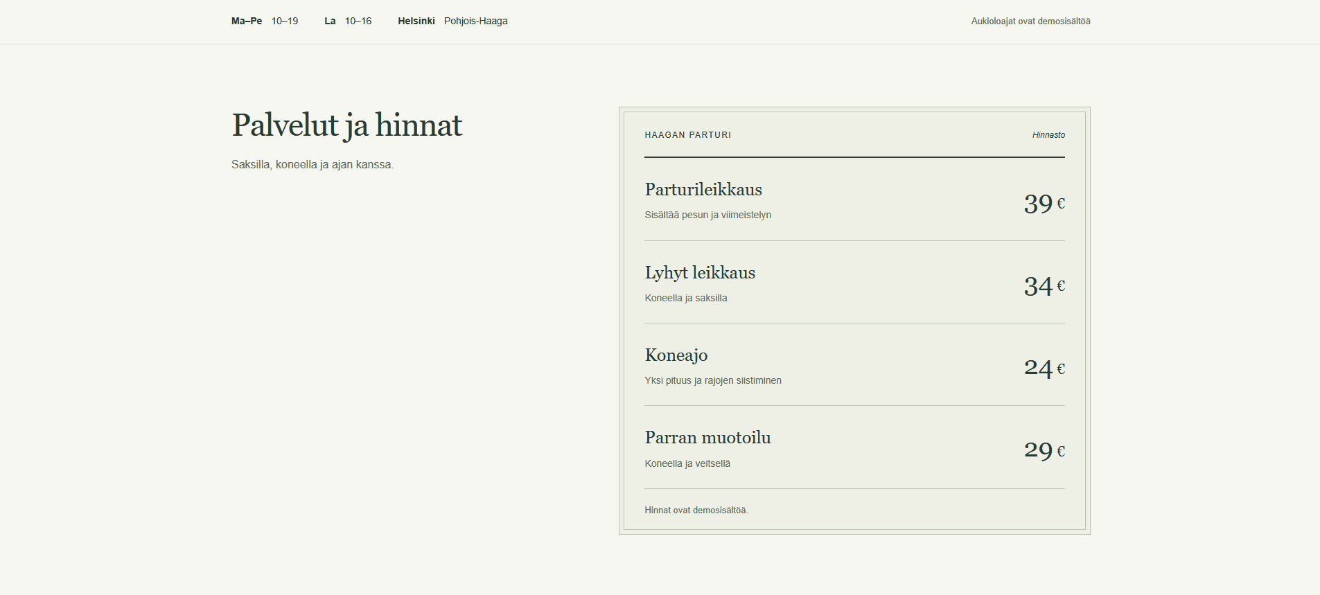 Haagan Parturin palvelut ja hinnasto